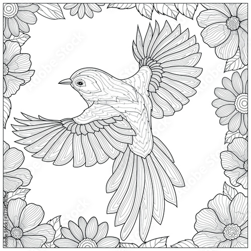 Bird in a frame with flowers.Coloring book antistress for children and adults. Illustration isolated on white background.Black and white drawing.Zen-tangle style.