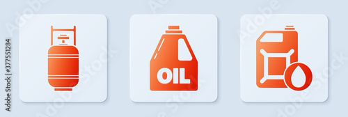 Set Canister for motor machine oil, Propane gas tank and Canister for motor machine oil. White square button. Vector.