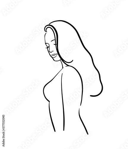 Portrait of a young woman with beautiful hair. Fashion sketch
