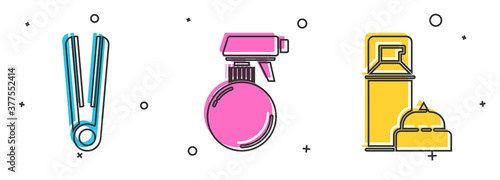 Set Curling iron for hair, Hairdresser pistol spray bottle and Shaving gel foam icon. Vector.