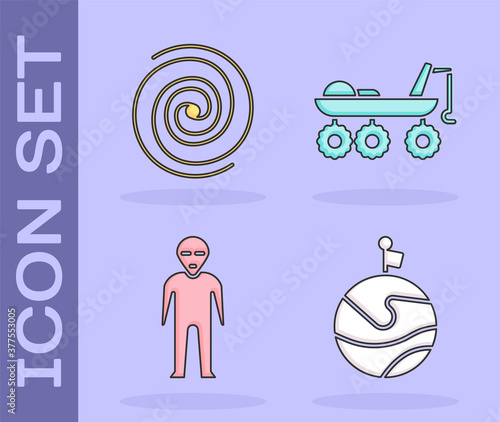 Set Moon with flag, Black hole, Alien and Mars rover icon. Vector.