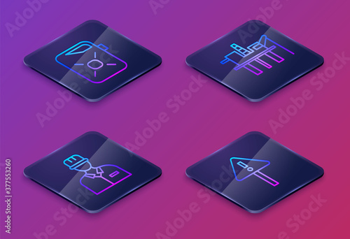 Set Isometric line Canister for motor oil, Oilman, Oil platform in the sea and Exclamation mark in triangle. Blue square button. Vector.