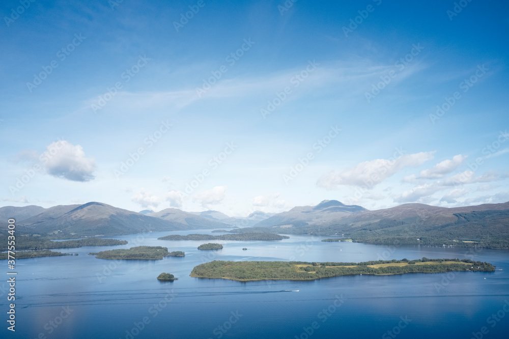 Loch Lomond aerial view from high above Scotland 