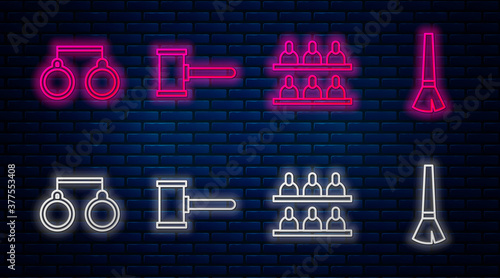 Set line Judge gavel, Jurors, Handcuffs and Paint brush. Glowing neon icon on brick wall. Vector.