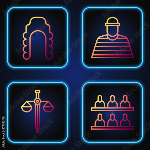 Set line Jurors, Scales of justice, Judge wig and Prisoner. Gradient color icons. Vector.