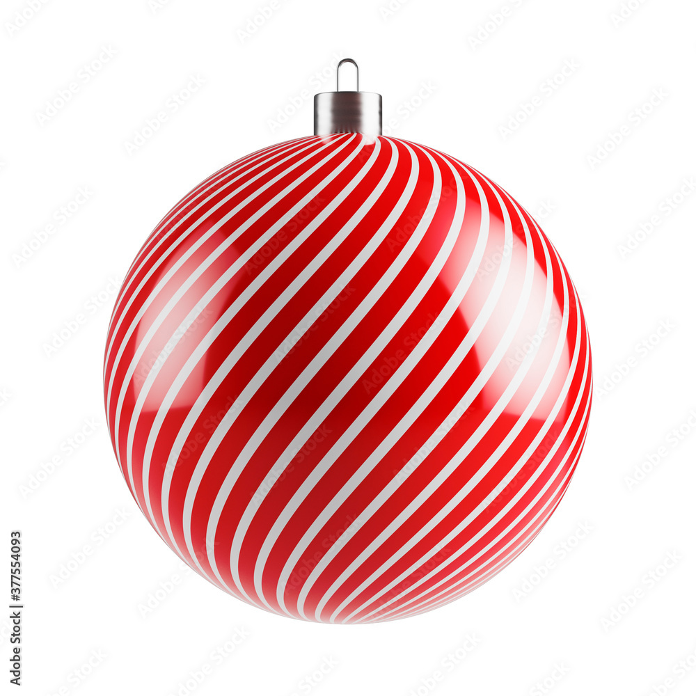Red pattern Christmas candy cane decoration ball, holiday pendant. 3D render isolated on white background. Red pattern Christmas candy cane decoration ball, holiday pendant. 3D render isolated on white background.