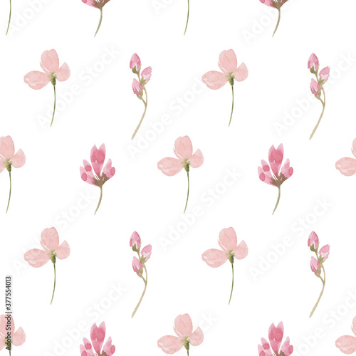 Wild pink flowers seamless watercolor pattern. Blooming botanical motifs scattered random. Trendy colorful texture. fathion trend print. hand drawn flowers