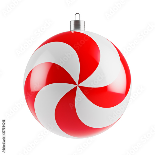 Christmas ball. White and red. Candy decoration. 3D render isolated on white background.