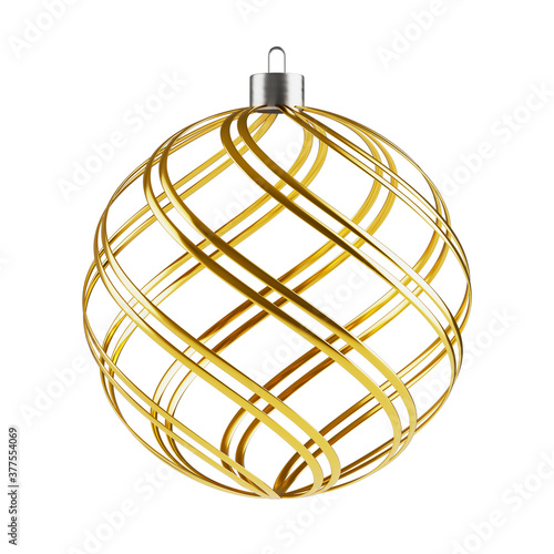 Christmas ball New Year's Eve decoration gold shiny twisted stripes bauble wintertime hanging adornment souvenir golden.. 3D render isolated on white background.