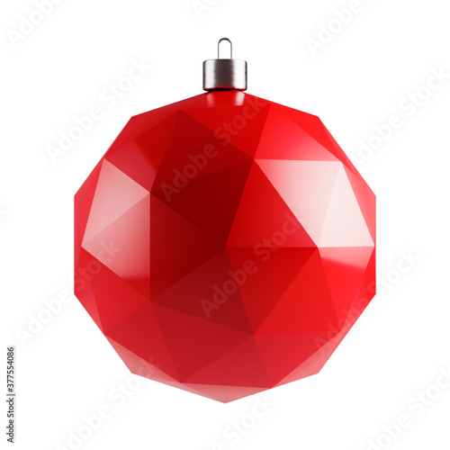 Chritmas red tree toy ball ornaments. Geometric Polygon decoration. 3D render isolated on white background.
