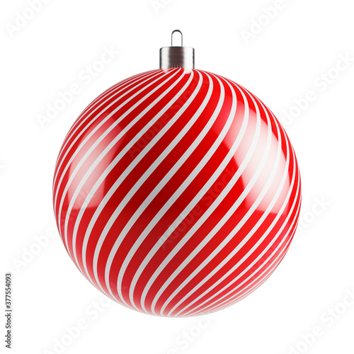 Red pattern Christmas candy cane decoration ball, holiday pendant. 3D render isolated on white background.