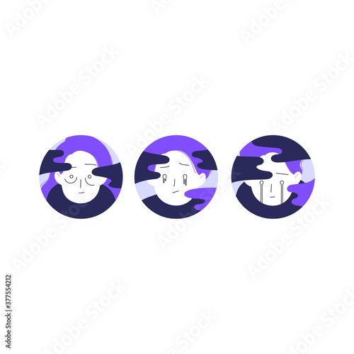 Set of fllat vector portraits of a depressed woman cropped in circle. Dark clouds as a depression metaphore. Stages of depression.