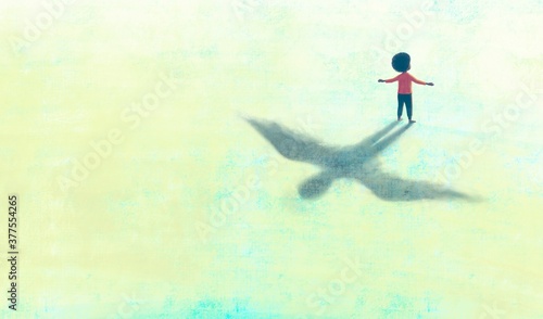 Illustration of Freedom hope dream happiness and life concept, African black boy with flying shadow, surreal painting artwork, conceptual art, child photo
