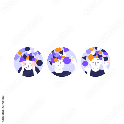 Mental health self help concept flat illustration. A person with abstract geometric figures coming from their head. Set of portraits cropped in circles