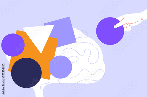 Mental health self help concept flat illustration. Stylized image of a human brain made of geometric figures. A hand holding circle building a composition