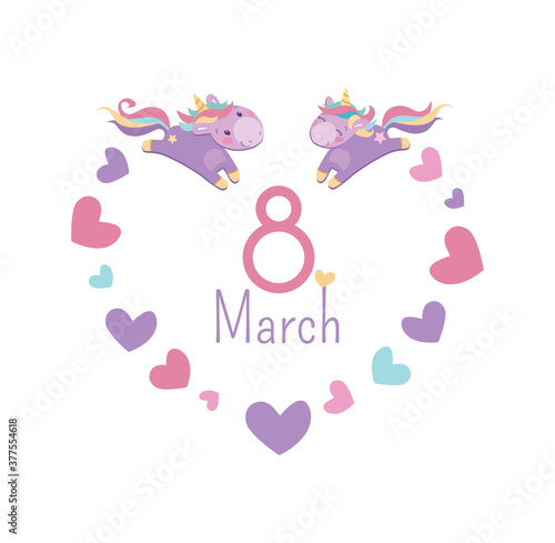 Funny March 8 vector card. Purple unicorns with multi-colored manes run to meet each other. Cheerful children's poster heart shape, festive inscription. Isolated on a white background