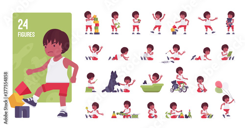 Toddler child, little black boy playing with toys character set, pose sequences. Cute healthy baby 12, 36 months, wearing tee shirt, shorts. Full length, different views, gestures, emotions, positions