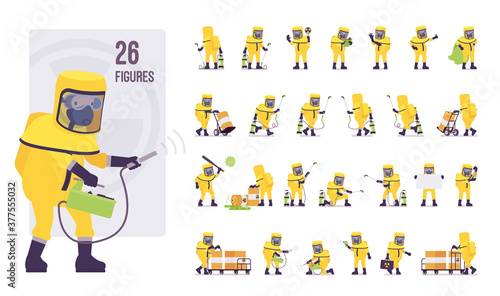 Man wearing yellow hazmat protective clothing character set, pose sequences. Worker in level A suit, coverall and chemical resistant gloves. Full length, different views, gestures, emotions, position