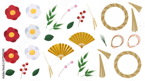 しめ縄_正月飾りのイラスト素材セット_椿