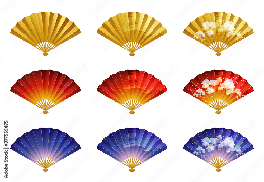 扇子のイラスト_金赤青_筆の跡と金箔_セット Stock Vector | Adobe Stock