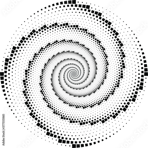 Black halftone square dots in spiral form. Geometric art. Trendy design element for frame, logo, tattoo, sign, symbol, web, prints, posters, template, pattern and abstract background