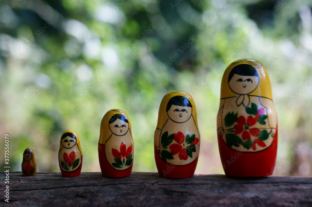 Nesting dolls stand in a row on a colored background.