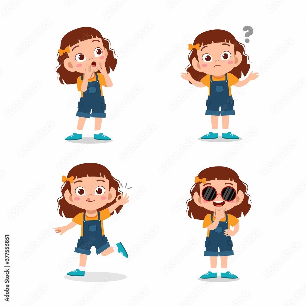 cute little kid girl pose with various expression set