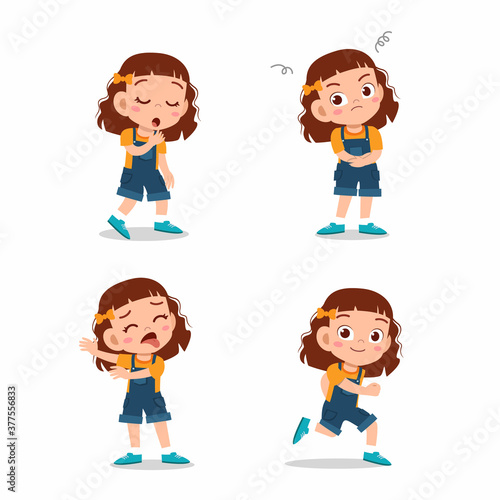 cute little kid girl pose with various expression set