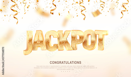 Jackpot golden 3d word on falling down confetti background. Winning vector illustration. Advertising of prize in gamble games on white background