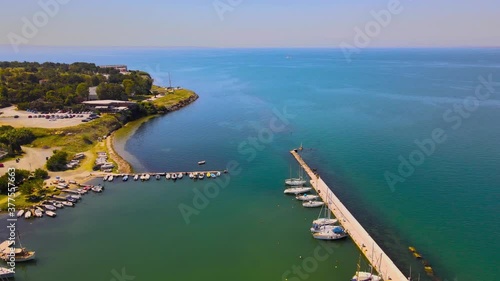 Drone shot over a marina in Thessaloniki, Greece during summer