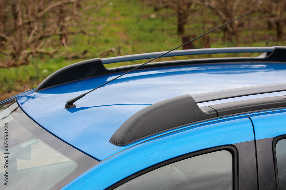 Antenna and roof rails of a blue car