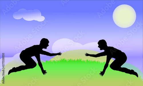 Illustration of two men trying to reach each other. Metaphor of collaboration and team work. Background for stories and for teaching values to children.