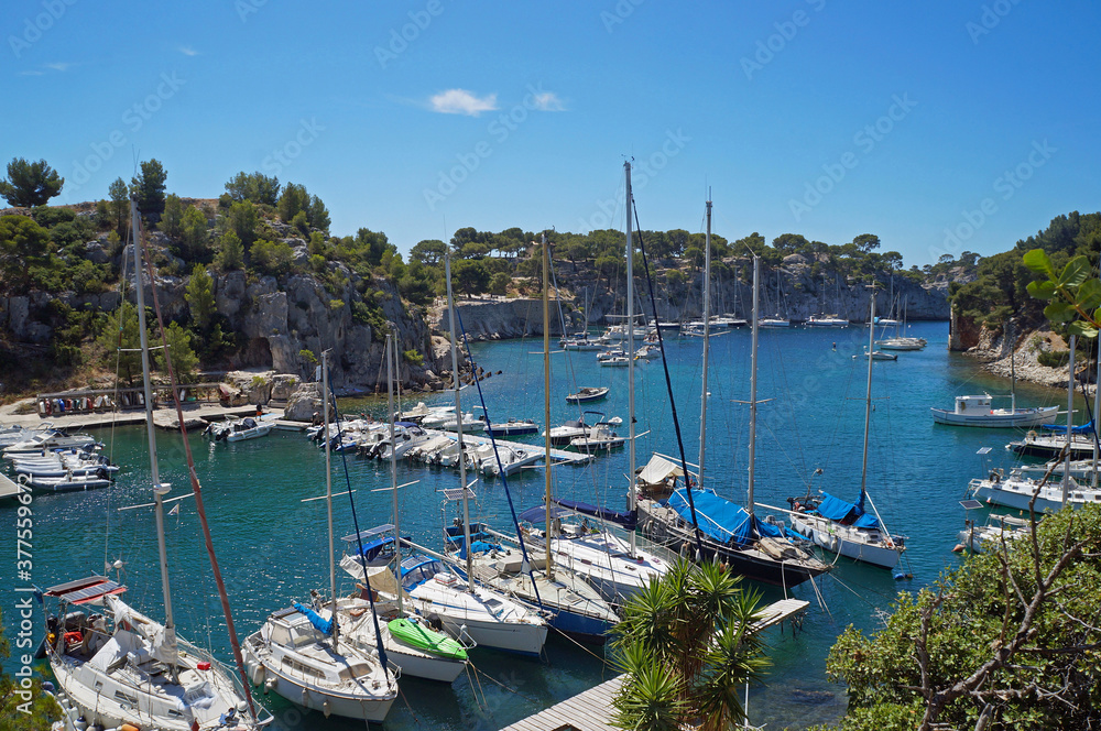 Moored boats and yachts in Calanque de Port Miou, department of Bouches-du-Rhone, France
