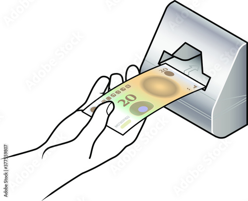 Hand inserting a stylized Chinese RenMinBi Yuan bank note into a vending machine slot.