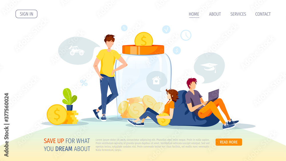 Large piggy bank in the form of a jar with coins inside and people. Money saving or accumulating, Financial services, Deposit concept. Vector illustration for banner, poster, advertising, website. Large piggy bank in the form of a jar with coins inside and people. Money saving or accumulating, Financial services, Deposit concept. Vector illustration for banner, poster, advertising, website.