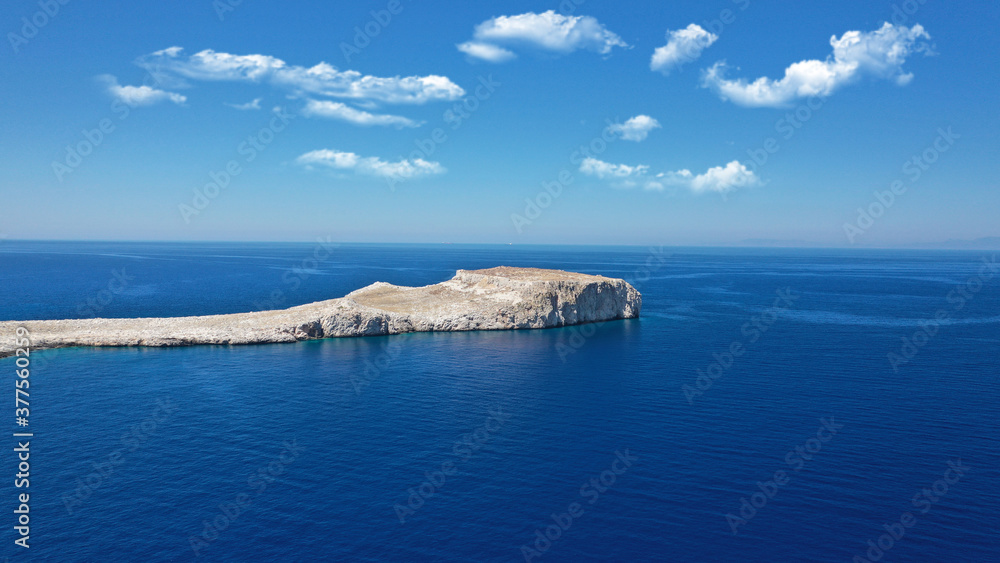 Aerial drone photo of old ruins of fortified Medieval castle in cape of Mezapos called 