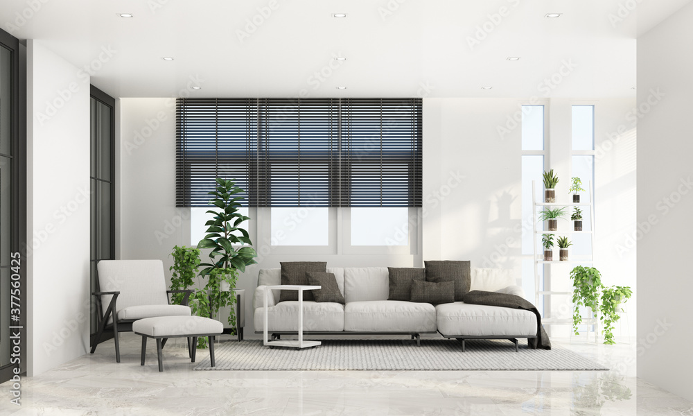 Fototapeta premium Living area in modern contemporary style interior design with wooden window frame and sheer with grey furniture tone 3d rendering