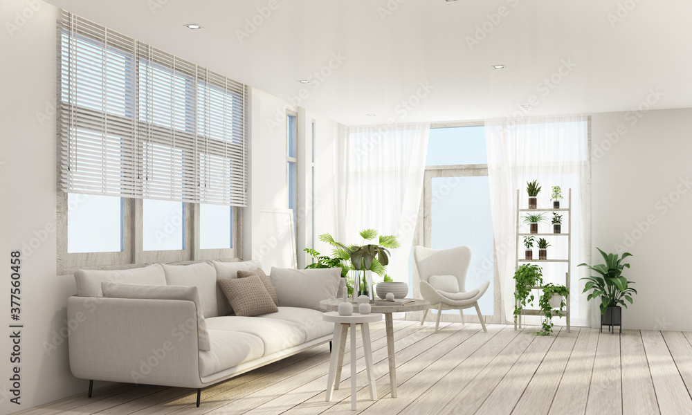 Fototapeta premium living area in modern contemporary style interior design with wooden window frame and sheer with grey furniture tone 3d rendering