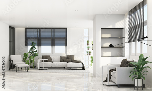 Living area in modern contemporary style interior design with wooden window frame and sheer with grey furniture tone 3d rendering © Jokiewalker