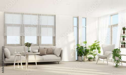 living area in modern contemporary style interior design with wooden window frame and sheer with grey furniture tone 3d rendering