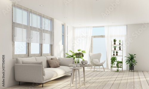 living area in modern contemporary style interior design with wooden window frame and sheer with grey furniture tone 3d rendering © Jokiewalker
