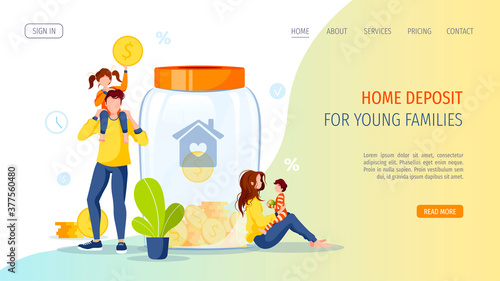 Large piggy bank in the form of a jar with coins inside and young family. Money saving or accumulating, Financial services, Home deposit concept. Vector illustration for banner, poster, website.