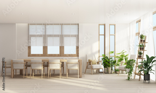 Dining area in modern contemporary style interior design with wooden window frame and sheer with grey furniture tone 3d rendering