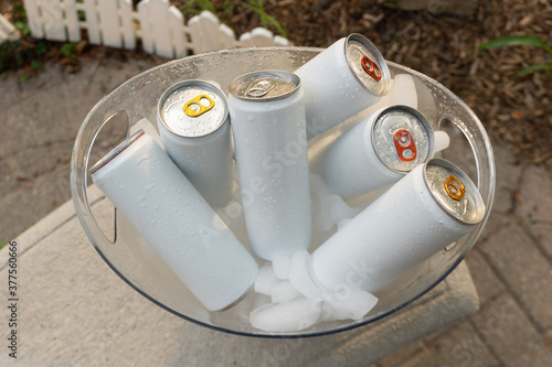 фотография White Hard Seltzer Beverage Cans in Clear Ice Bucket Backyard High Angle
