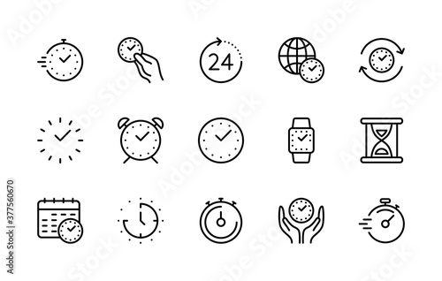 Time and clock, vector linear icons set. Time management. Timer, speed, alarm, recovery, time management, calendar and more. Isolated collection of time for web sites on white background.