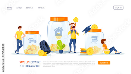 Large piggy banks in the form of a jar with coins inside and people saving money for. Money saving or accumulating, Financial services, Deposit concept. Vector illustration.