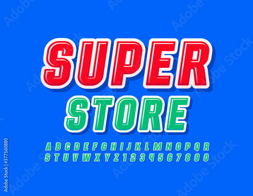 Vector promo banner Super Store. Bright Modern Font. Green Alphabet Letters and Numbers set