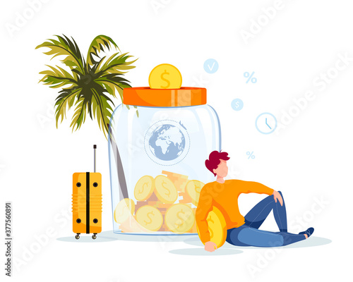Piggy bank in the form of a jar with coins inside and man saving money for a travel. Money saving or accumulating, Financial services, deposit concept. Isolated vector illustration.