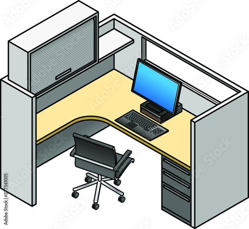 Office cubicle: mid height partitions with window, drawer unit, partition mounted shelf and storage unit.