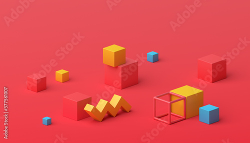 Abstract 3d render  geometric composition  red background design with cubes